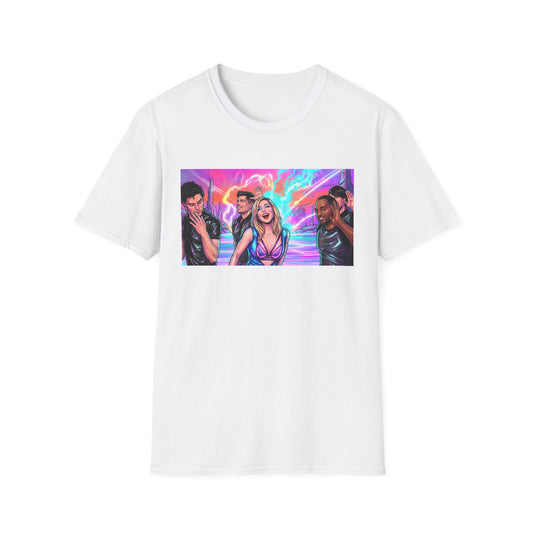 Galaxy 360 Pop Band Graphic T-Shirt — Retro Neon Concert Tee
