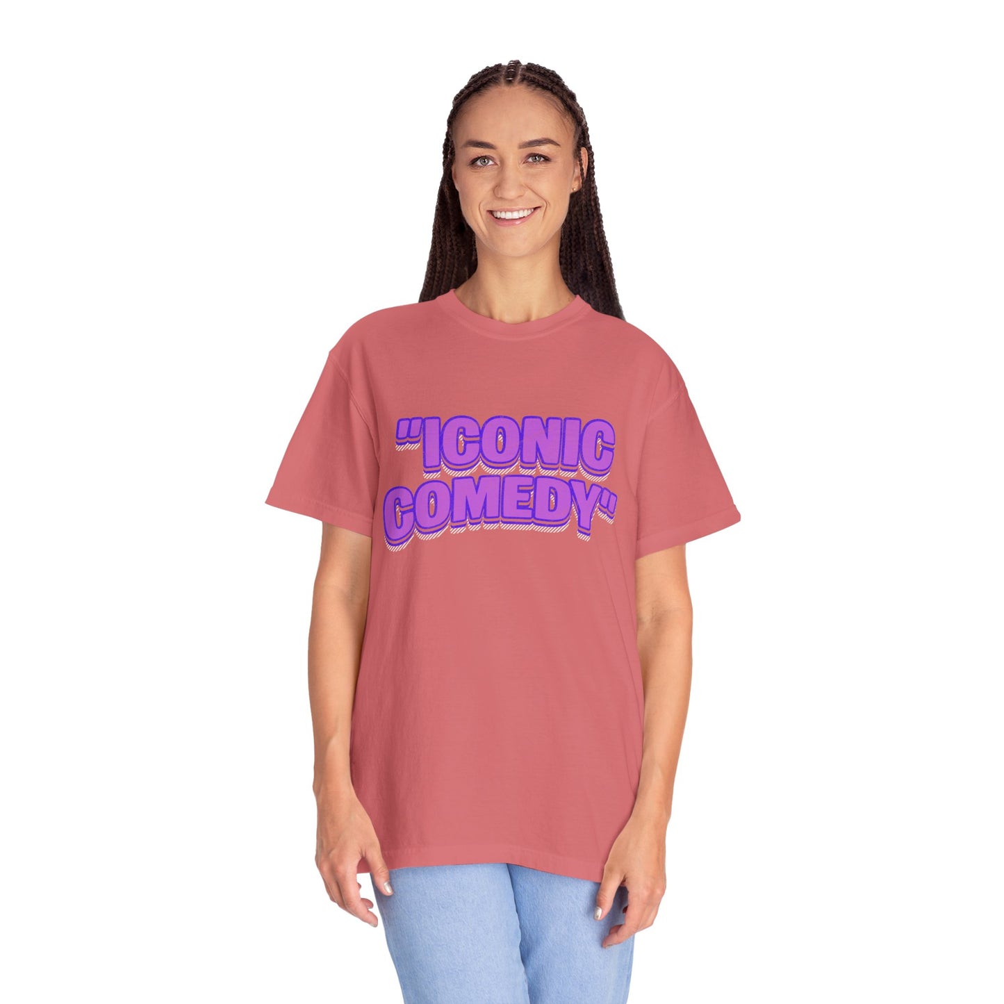 "Iconic Comedy" T-Shirt — Retro Bubble Text Tee with Galaxy 360 Back Logo