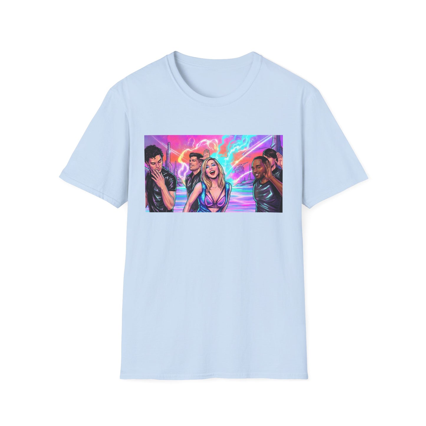 Galaxy 360 Pop Band Graphic T-Shirt — Retro Neon Concert Tee