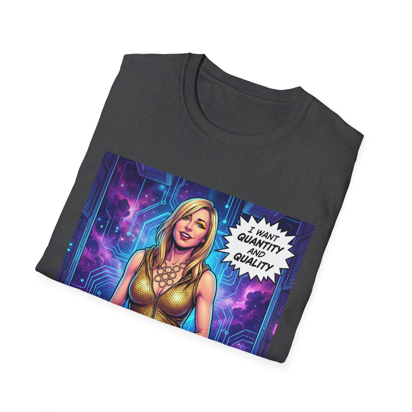 Galaxy 360 Sci‑Fi Pinup T-Shirt — "I Want Quantity, Not Quality" Graphic Tee