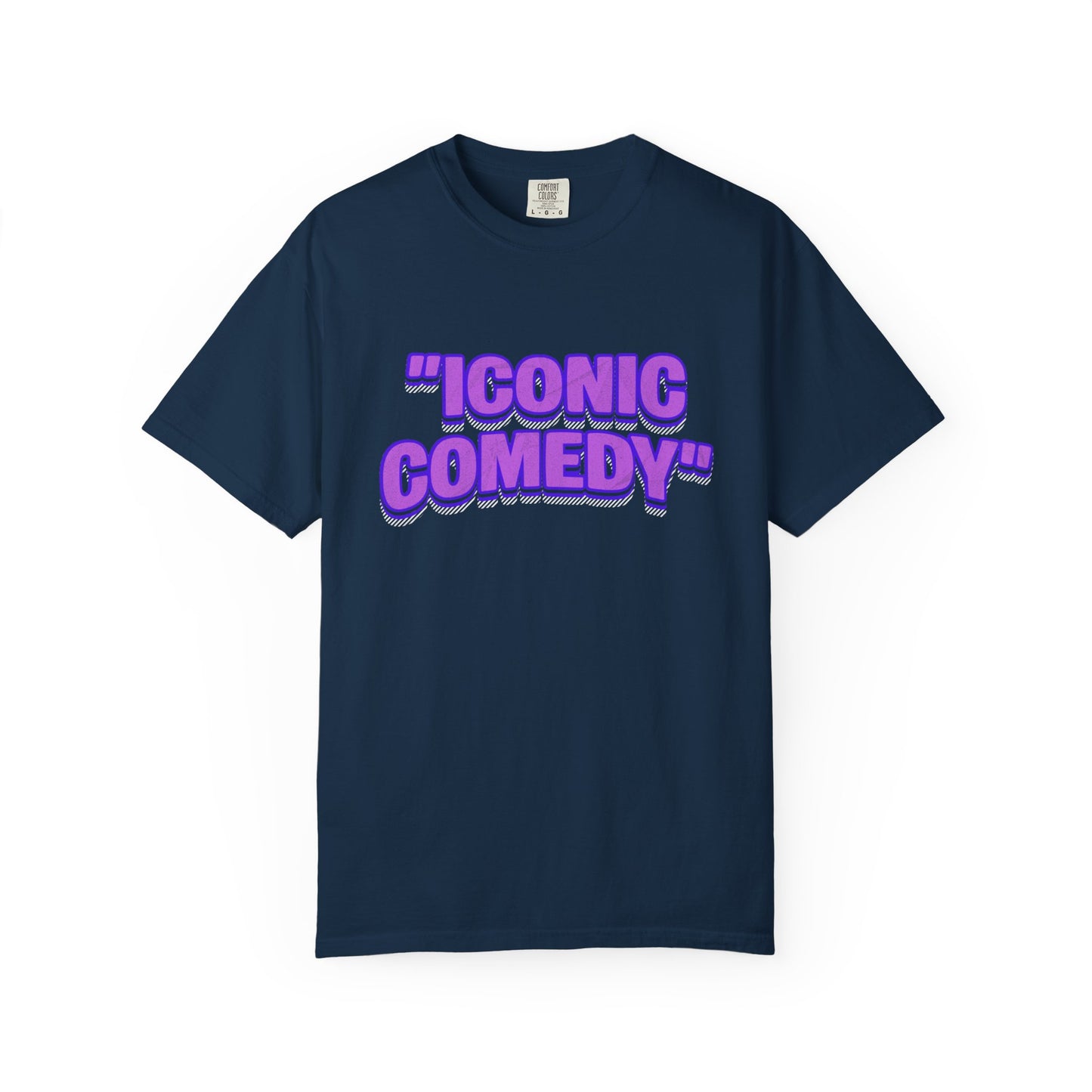 "Iconic Comedy" T-Shirt — Retro Bubble Text Tee with Galaxy 360 Back Logo
