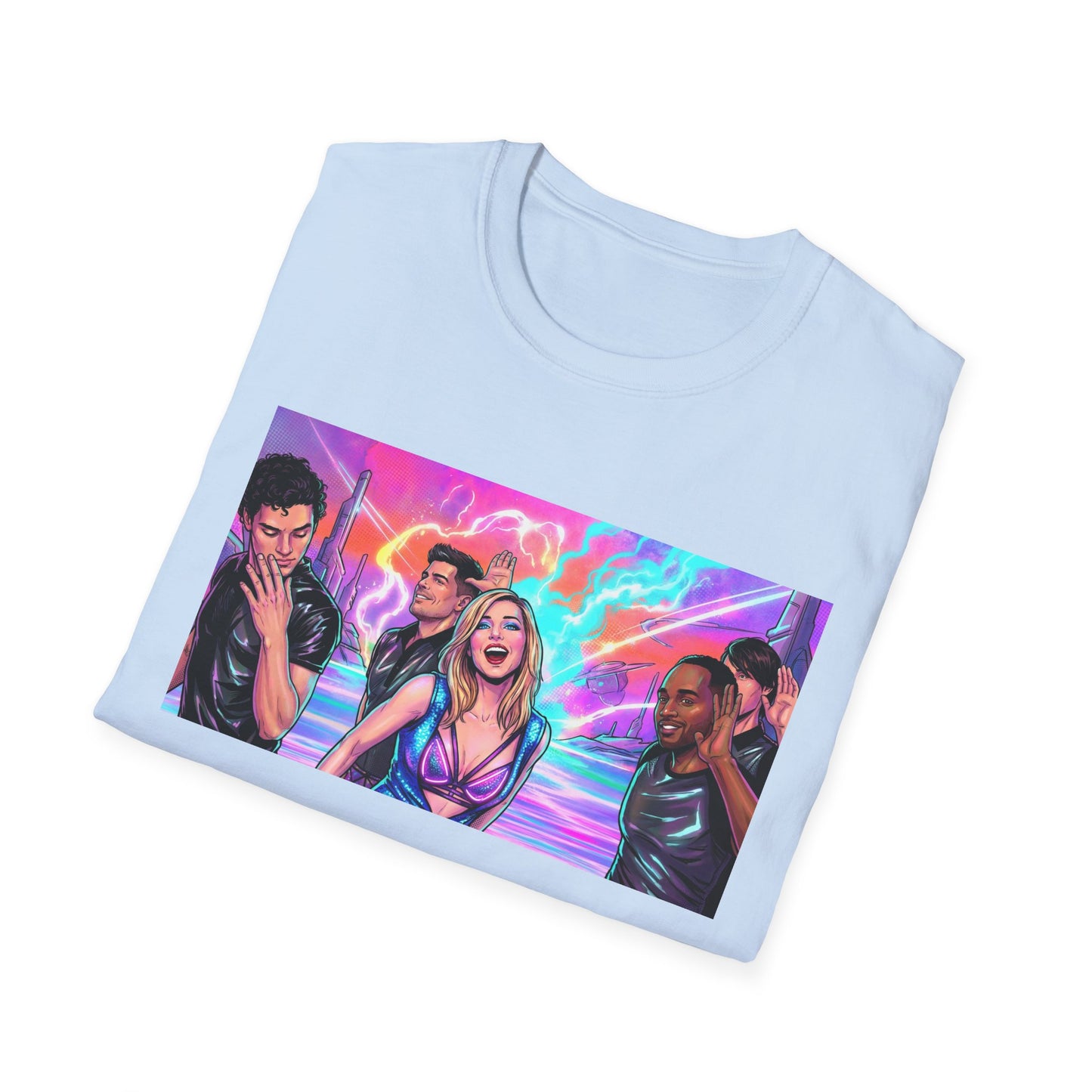 Galaxy 360 Pop Band Graphic T-Shirt — Retro Neon Concert Tee