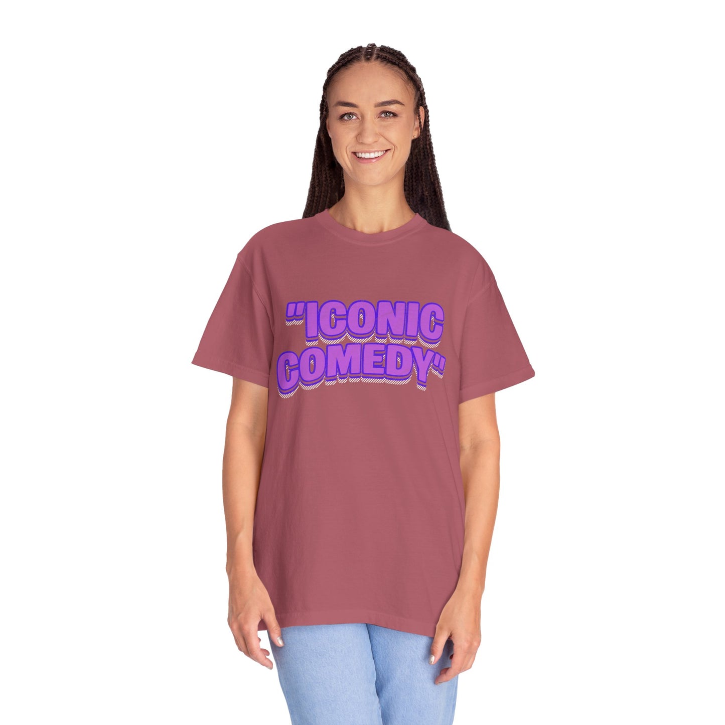 "Iconic Comedy" T-Shirt — Retro Bubble Text Tee with Galaxy 360 Back Logo