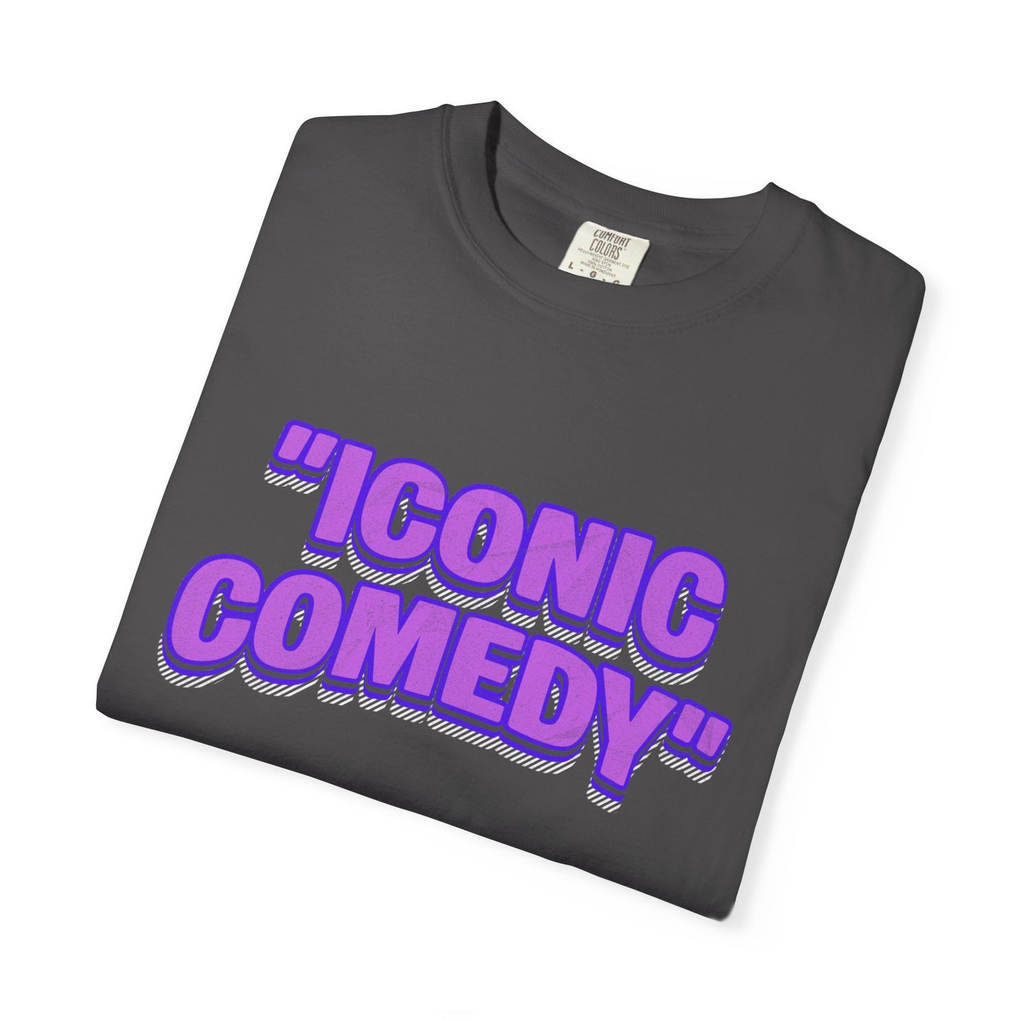 "Iconic Comedy" T-Shirt — Retro Bubble Text Tee with Galaxy 360 Back Logo