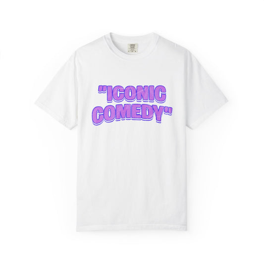 "Iconic Comedy" T-Shirt — Retro Bubble Text Tee with Galaxy 360 Back Logo