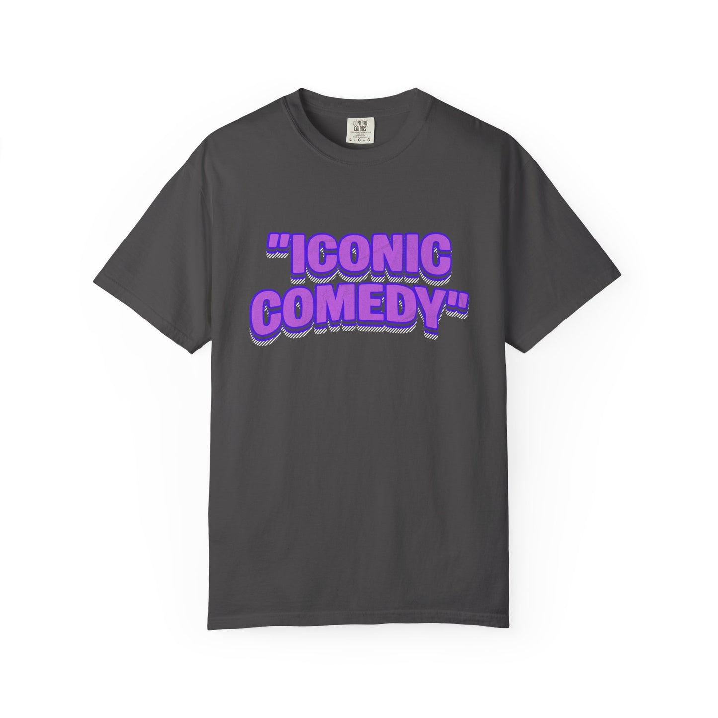 "Iconic Comedy" T-Shirt — Retro Bubble Text Tee with Galaxy 360 Back Logo