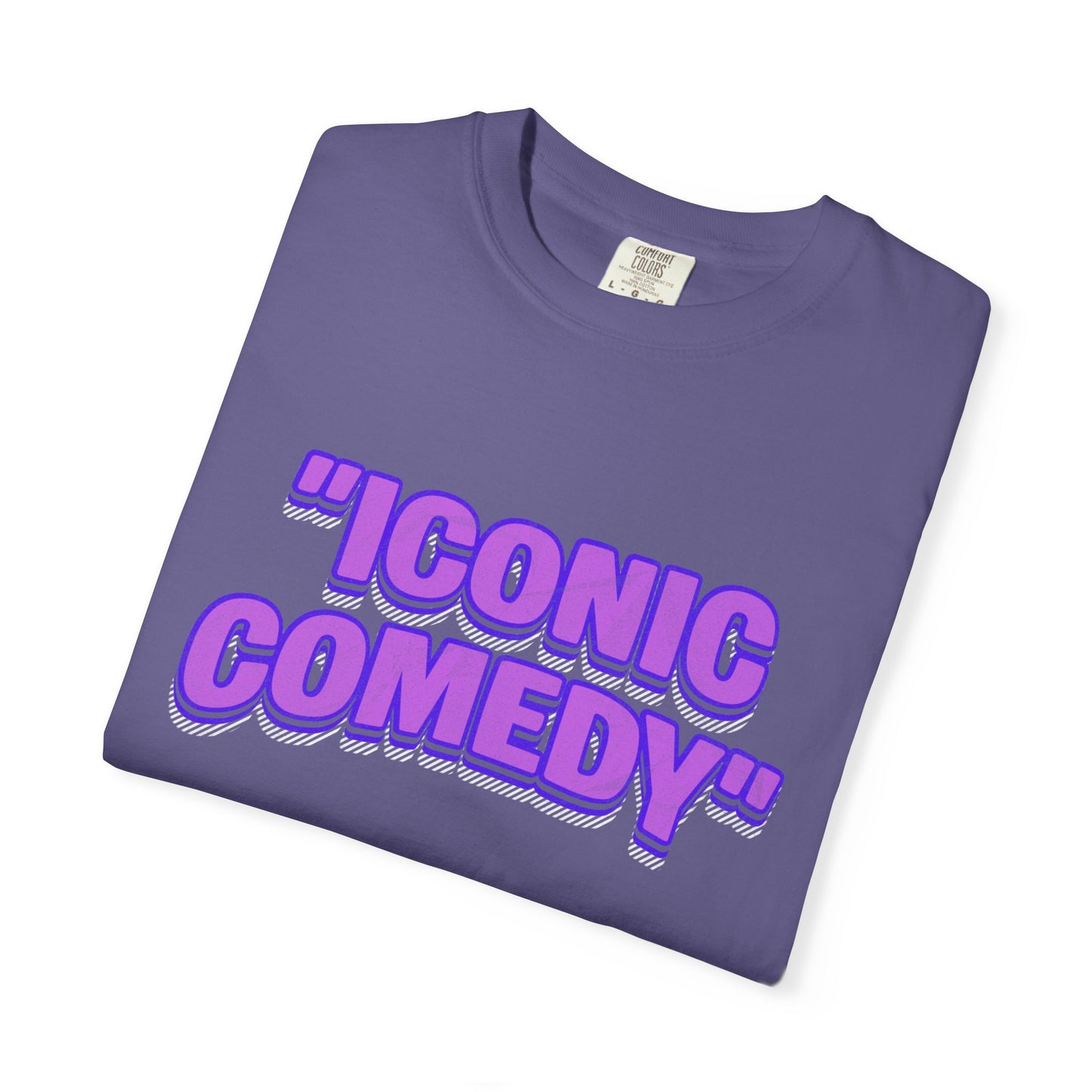 "Iconic Comedy" T-Shirt — Retro Bubble Text Tee with Galaxy 360 Back Logo