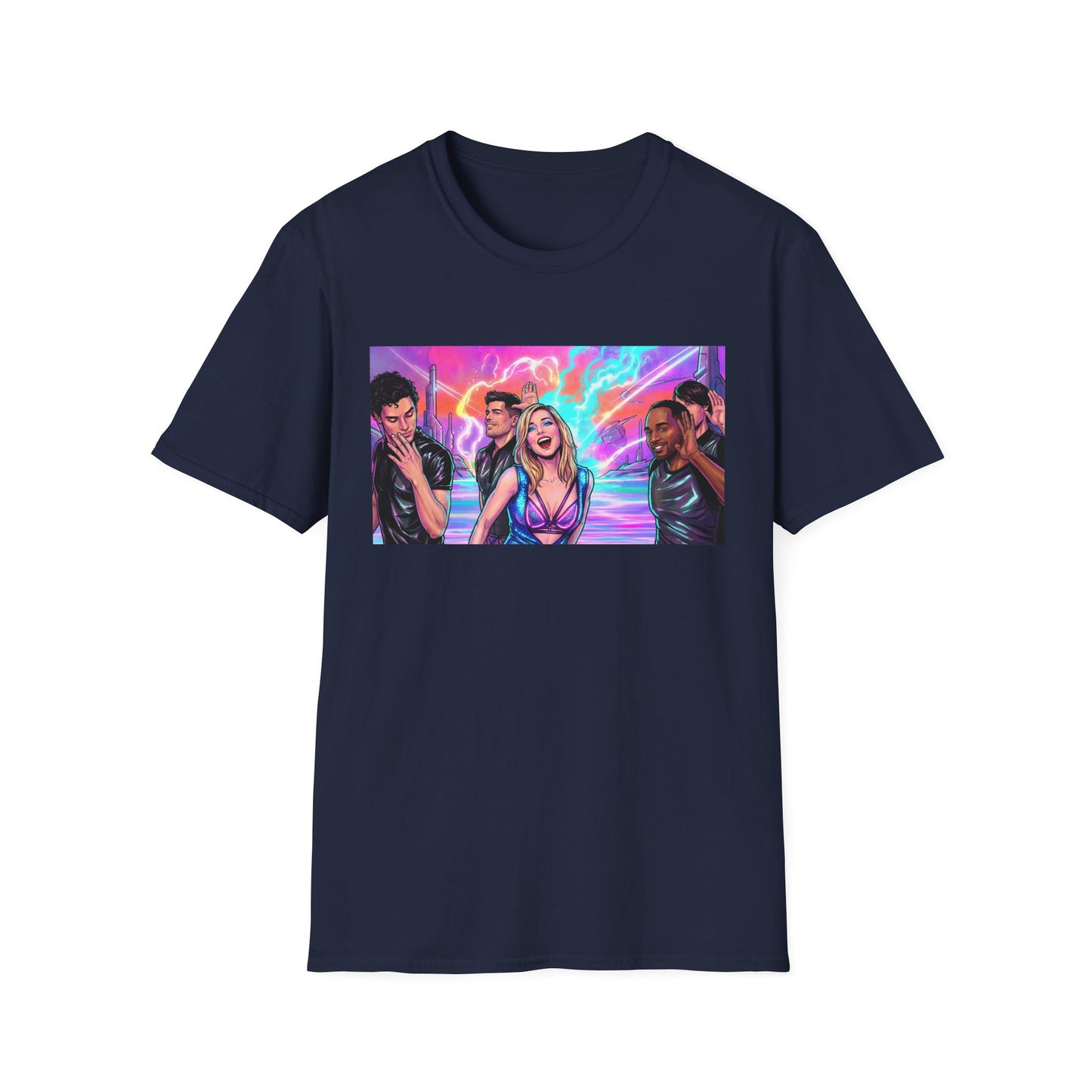 Galaxy 360 Pop Band Graphic T-Shirt — Retro Neon Concert Tee