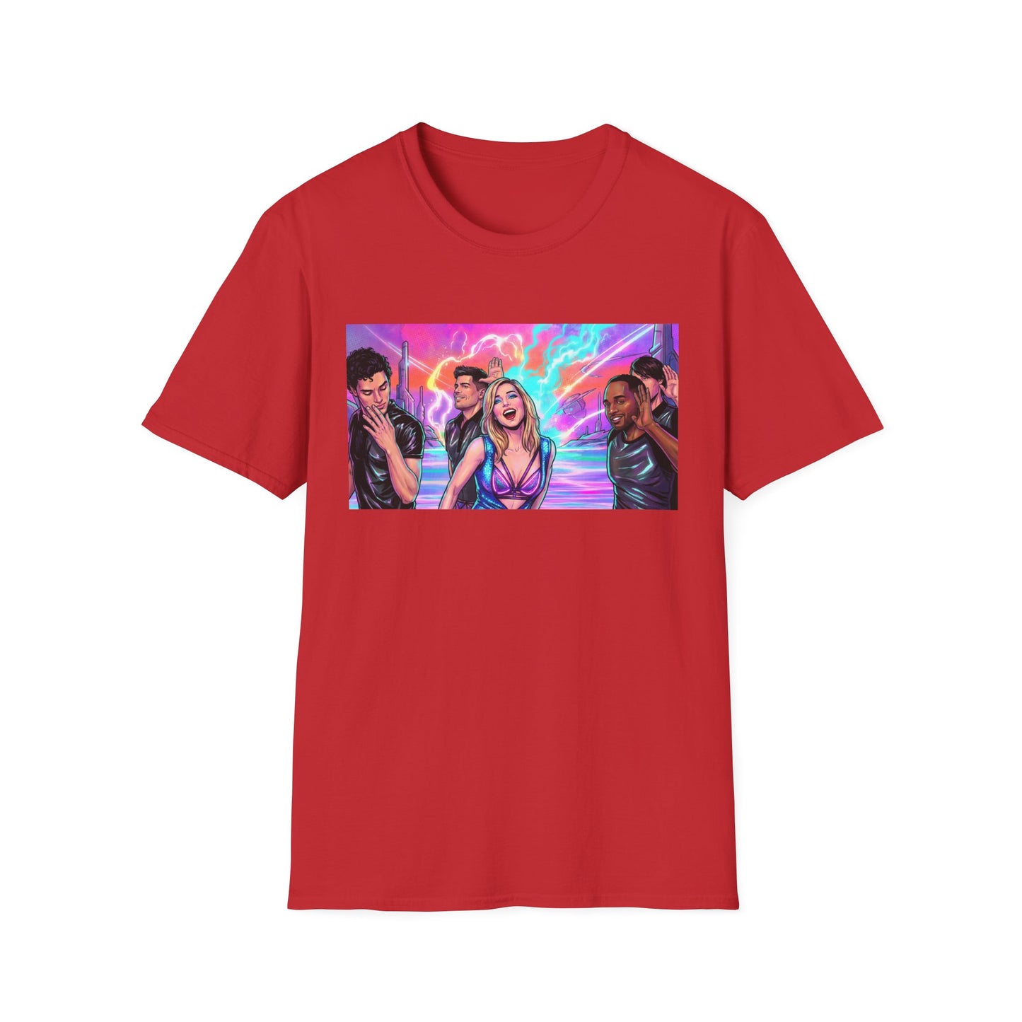 Galaxy 360 Pop Band Graphic T-Shirt — Retro Neon Concert Tee