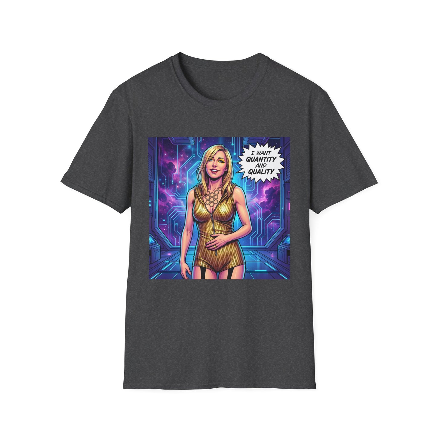 Galaxy 360 Sci‑Fi Pinup T-Shirt — "I Want Quantity, Not Quality" Graphic Tee