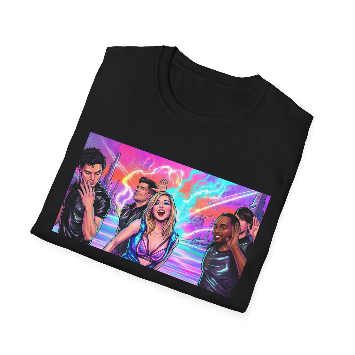 Galaxy 360 Pop Band Graphic T-Shirt — Retro Neon Concert Tee
