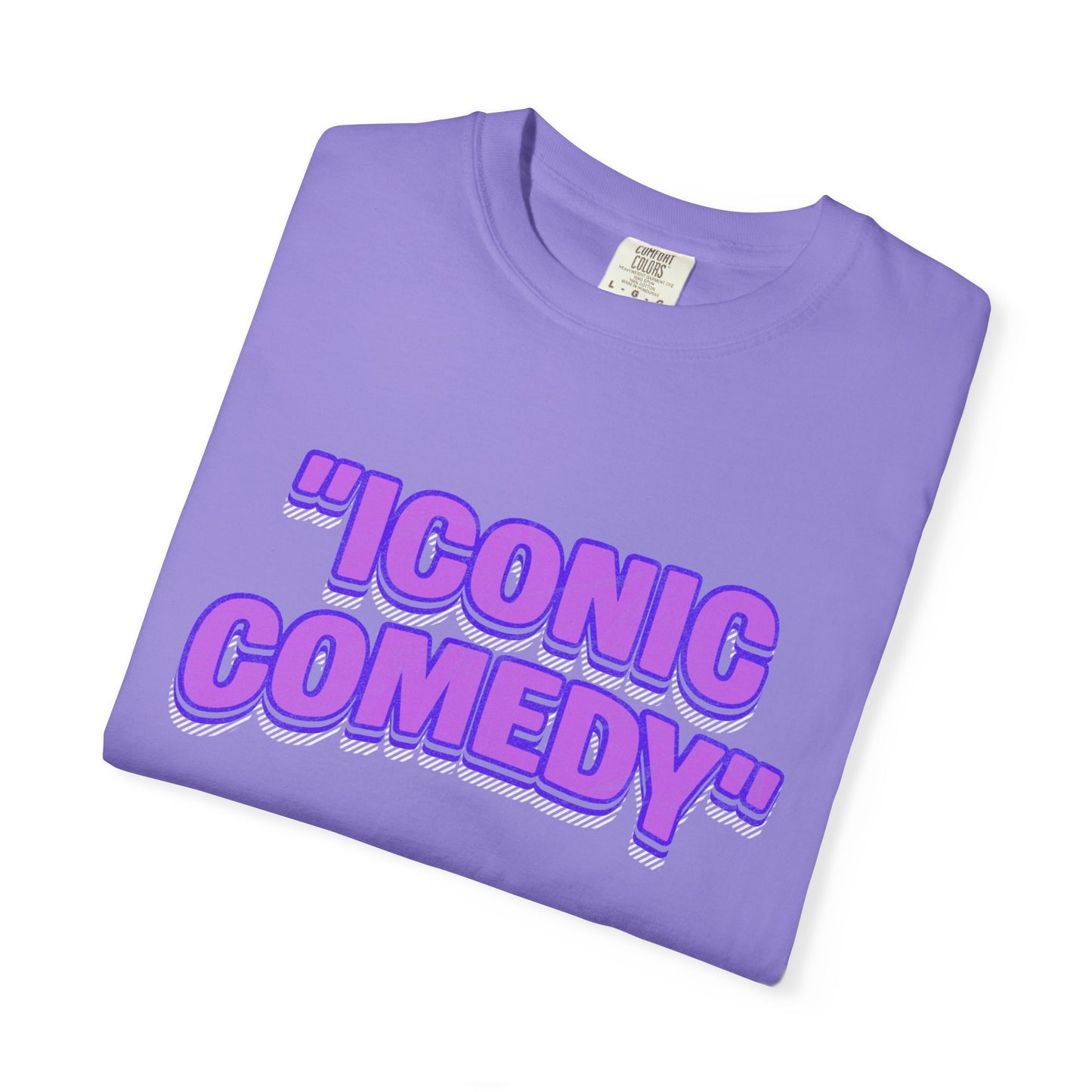 "Iconic Comedy" T-Shirt — Retro Bubble Text Tee with Galaxy 360 Back Logo