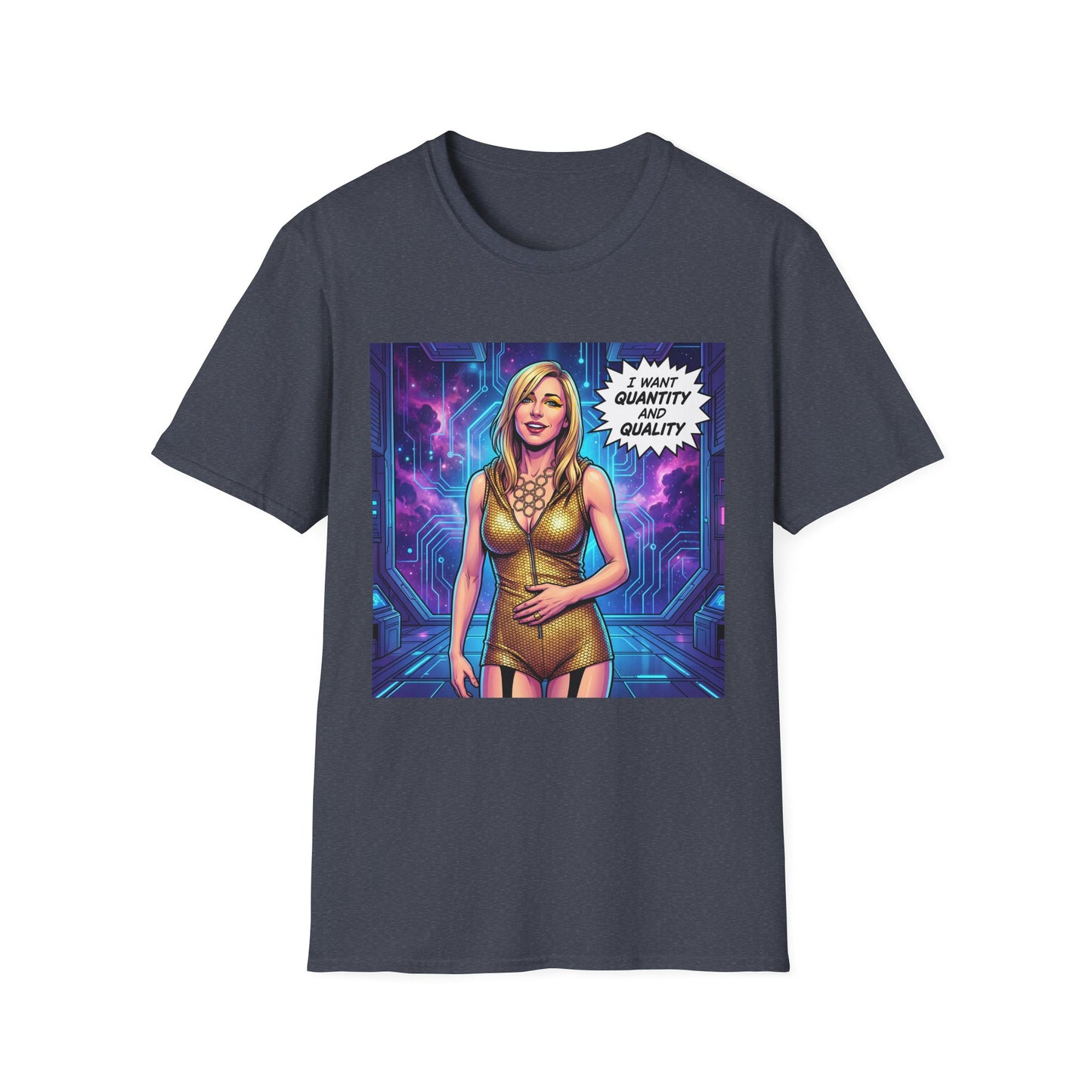 Galaxy 360 Sci‑Fi Pinup T-Shirt — "I Want Quantity, Not Quality" Graphic Tee