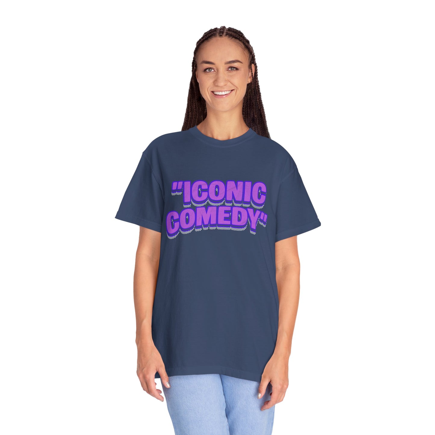 "Iconic Comedy" T-Shirt — Retro Bubble Text Tee with Galaxy 360 Back Logo