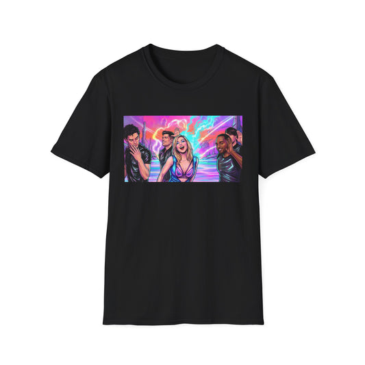 Galaxy 360 Pop Band Graphic T-Shirt — Retro Neon Concert Tee