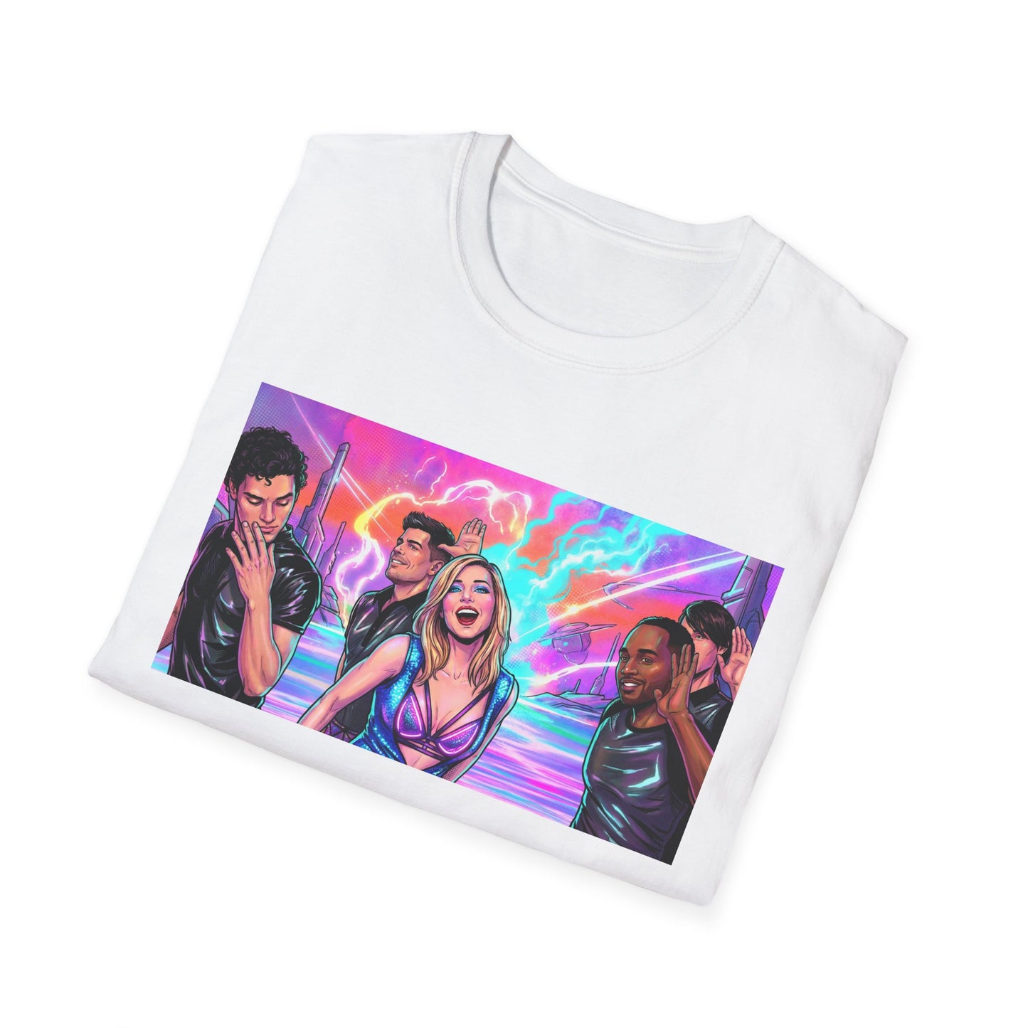 Galaxy 360 Pop Band Graphic T-Shirt — Retro Neon Concert Tee