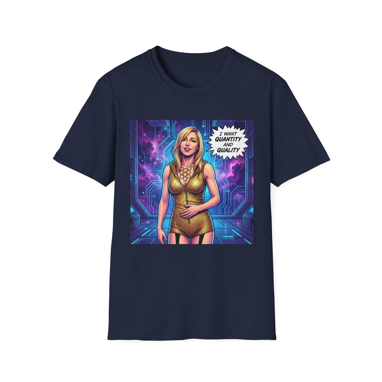 Galaxy 360 Sci‑Fi Pinup T-Shirt — "I Want Quantity, Not Quality" Graphic Tee
