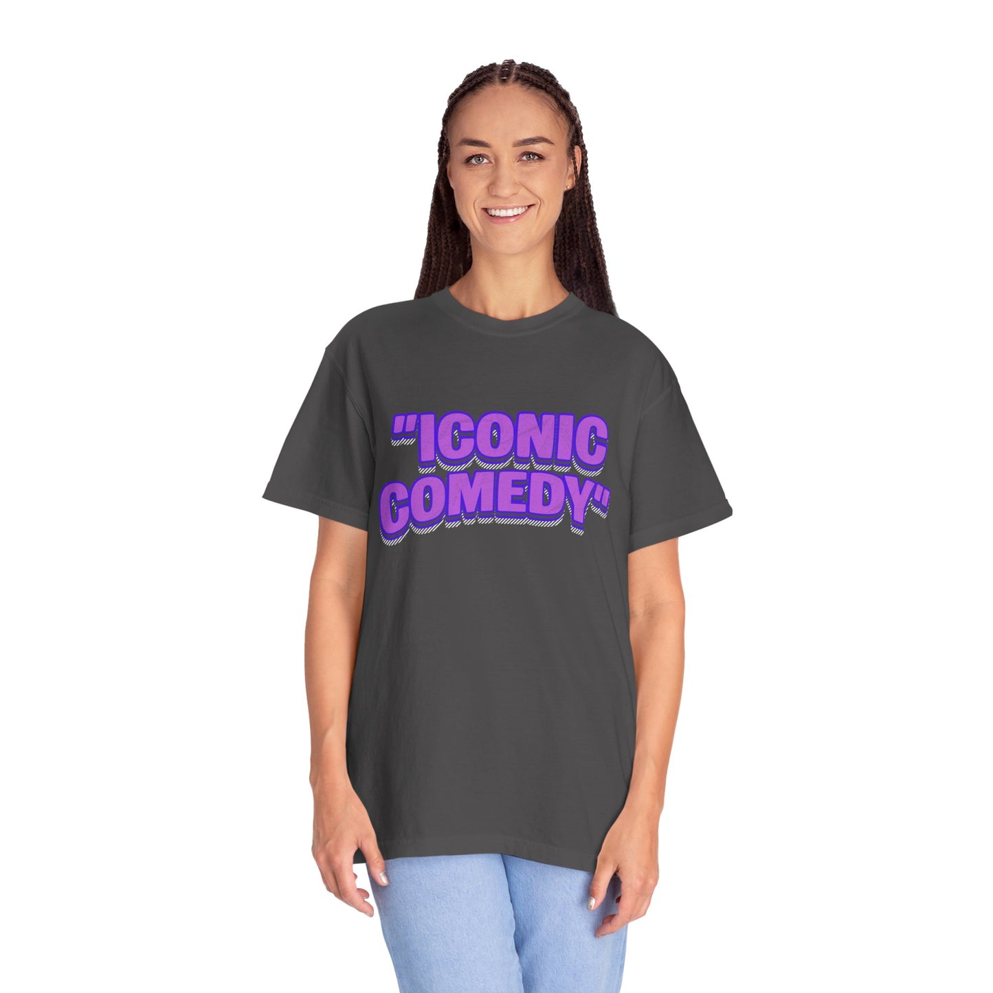 "Iconic Comedy" T-Shirt — Retro Bubble Text Tee with Galaxy 360 Back Logo