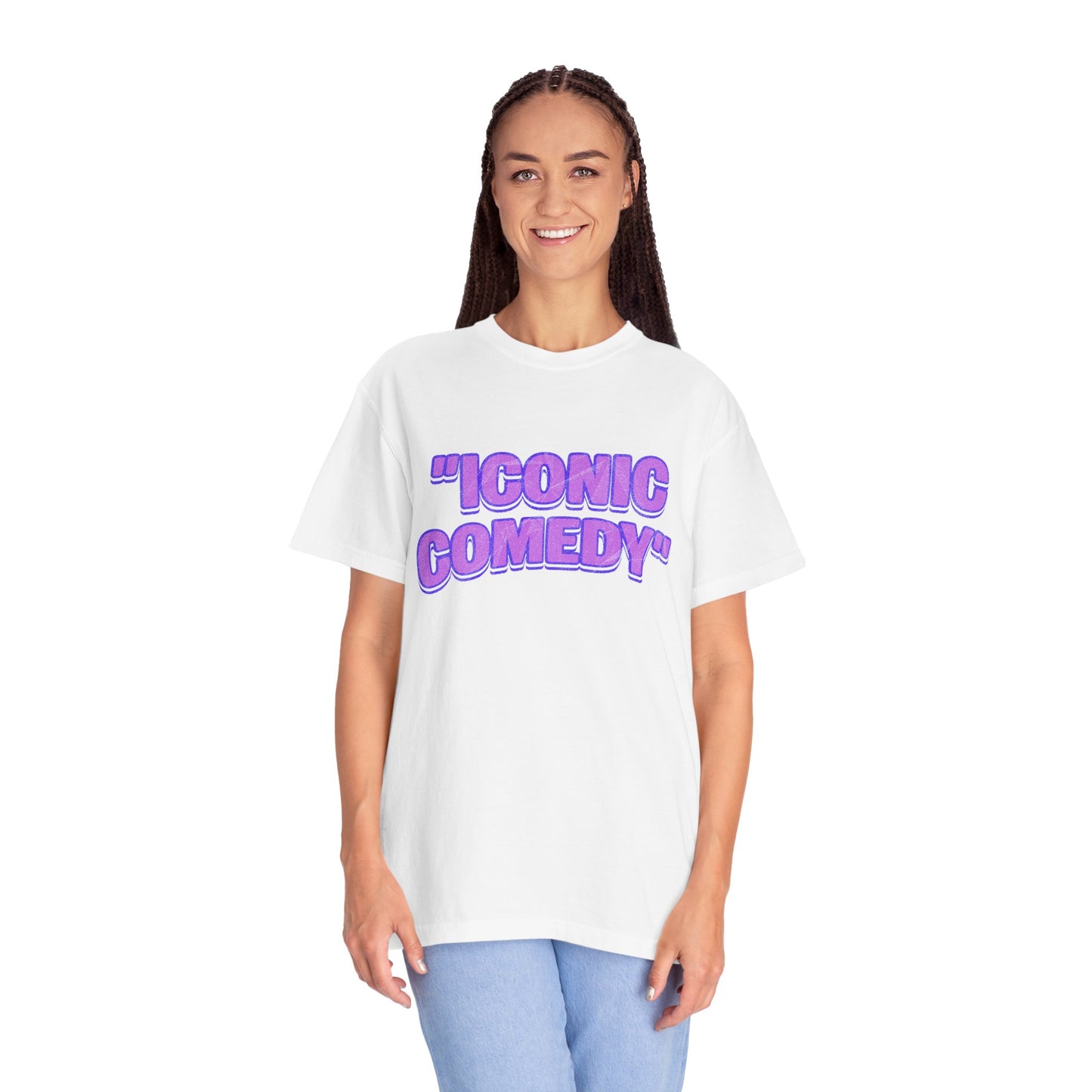 "Iconic Comedy" T-Shirt — Retro Bubble Text Tee with Galaxy 360 Back Logo