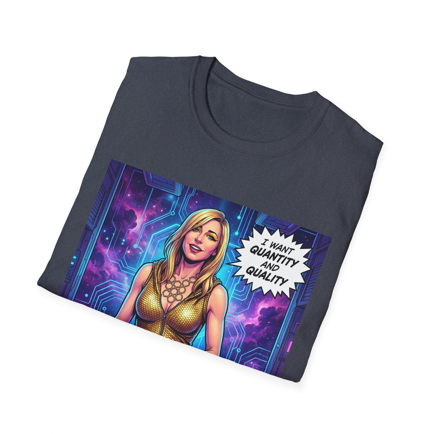 Galaxy 360 Sci‑Fi Pinup T-Shirt — "I Want Quantity, Not Quality" Graphic Tee
