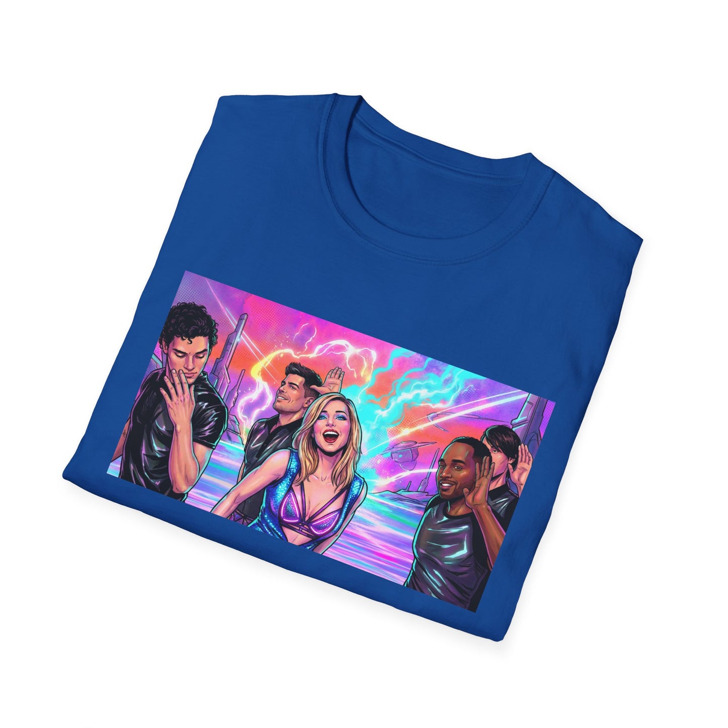 Galaxy 360 Pop Band Graphic T-Shirt — Retro Neon Concert Tee