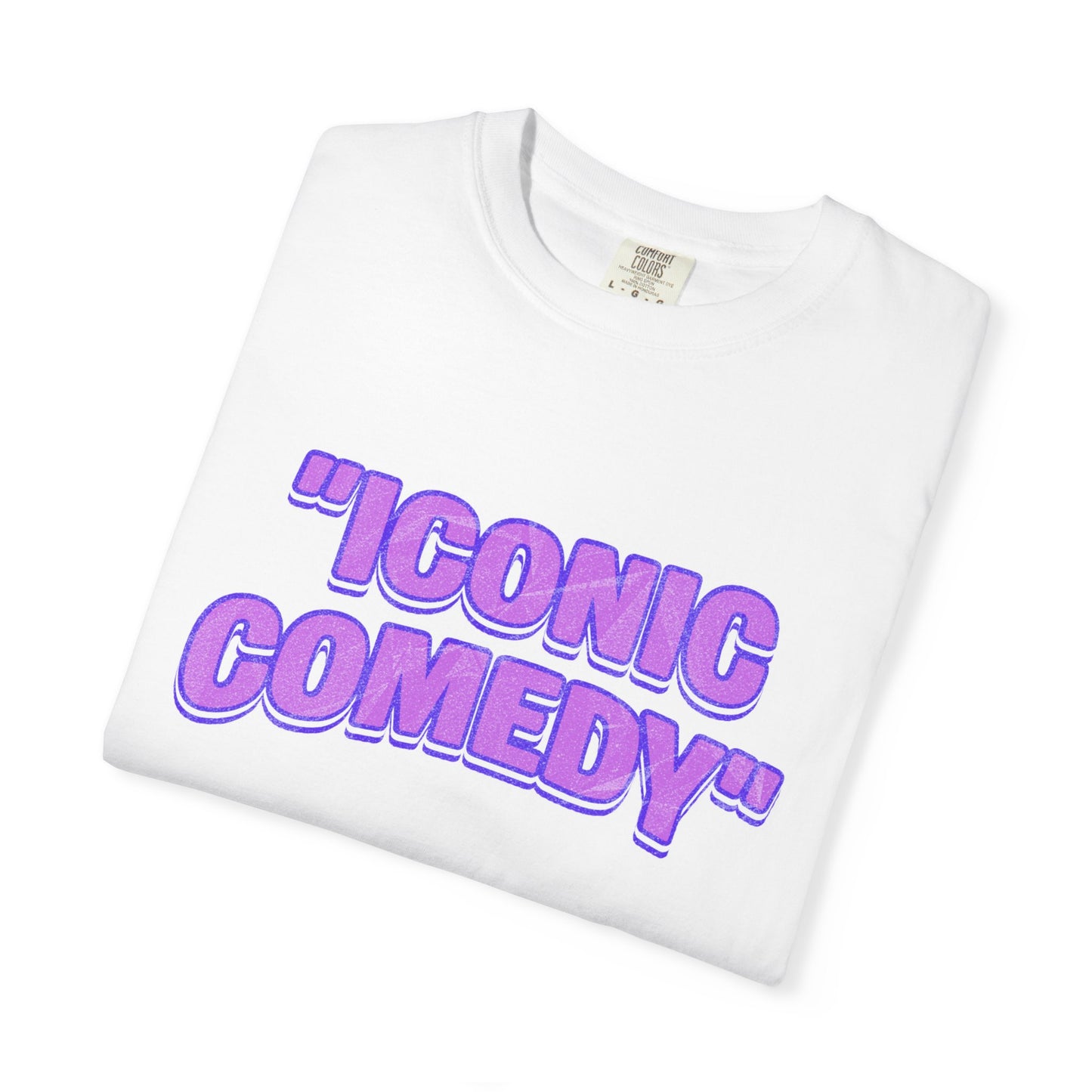 "Iconic Comedy" T-Shirt — Retro Bubble Text Tee with Galaxy 360 Back Logo