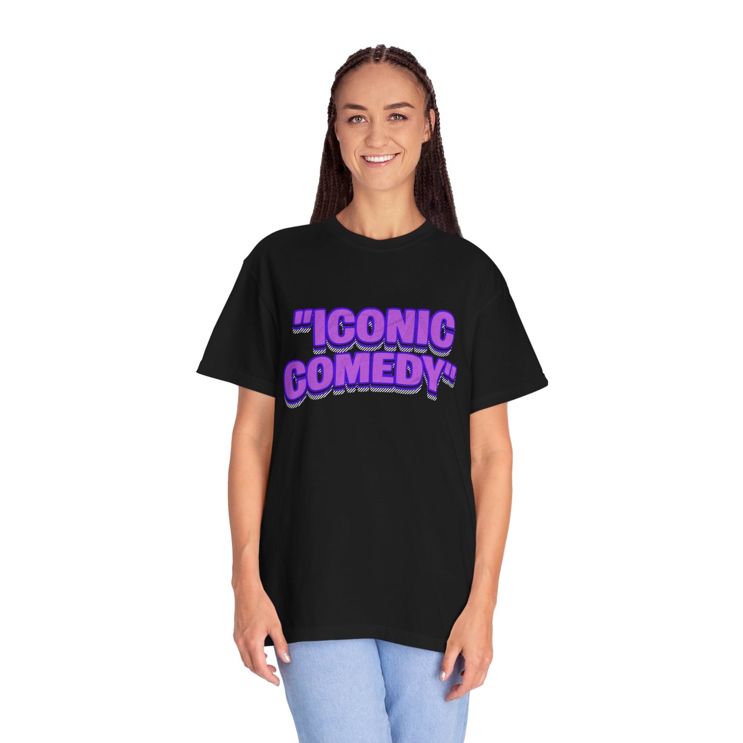 "Iconic Comedy" T-Shirt — Retro Bubble Text Tee with Galaxy 360 Back Logo