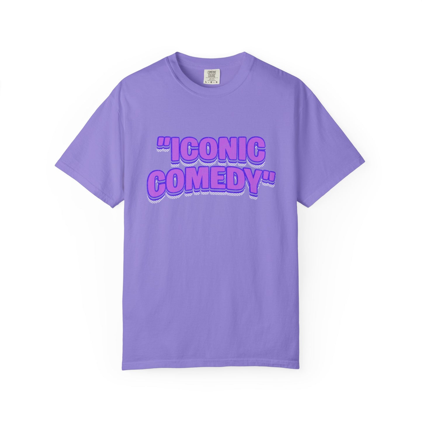 "Iconic Comedy" T-Shirt — Retro Bubble Text Tee with Galaxy 360 Back Logo