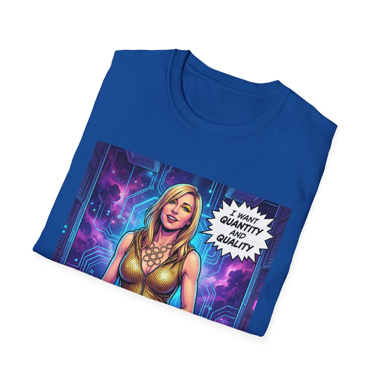 Galaxy 360 Sci‑Fi Pinup T-Shirt — "I Want Quantity, Not Quality" Graphic Tee