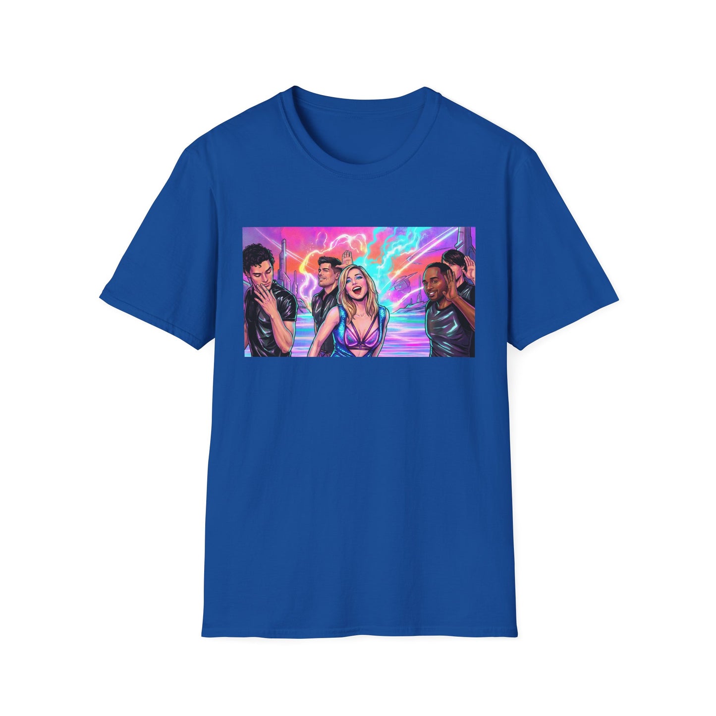 Galaxy 360 Pop Band Graphic T-Shirt — Retro Neon Concert Tee