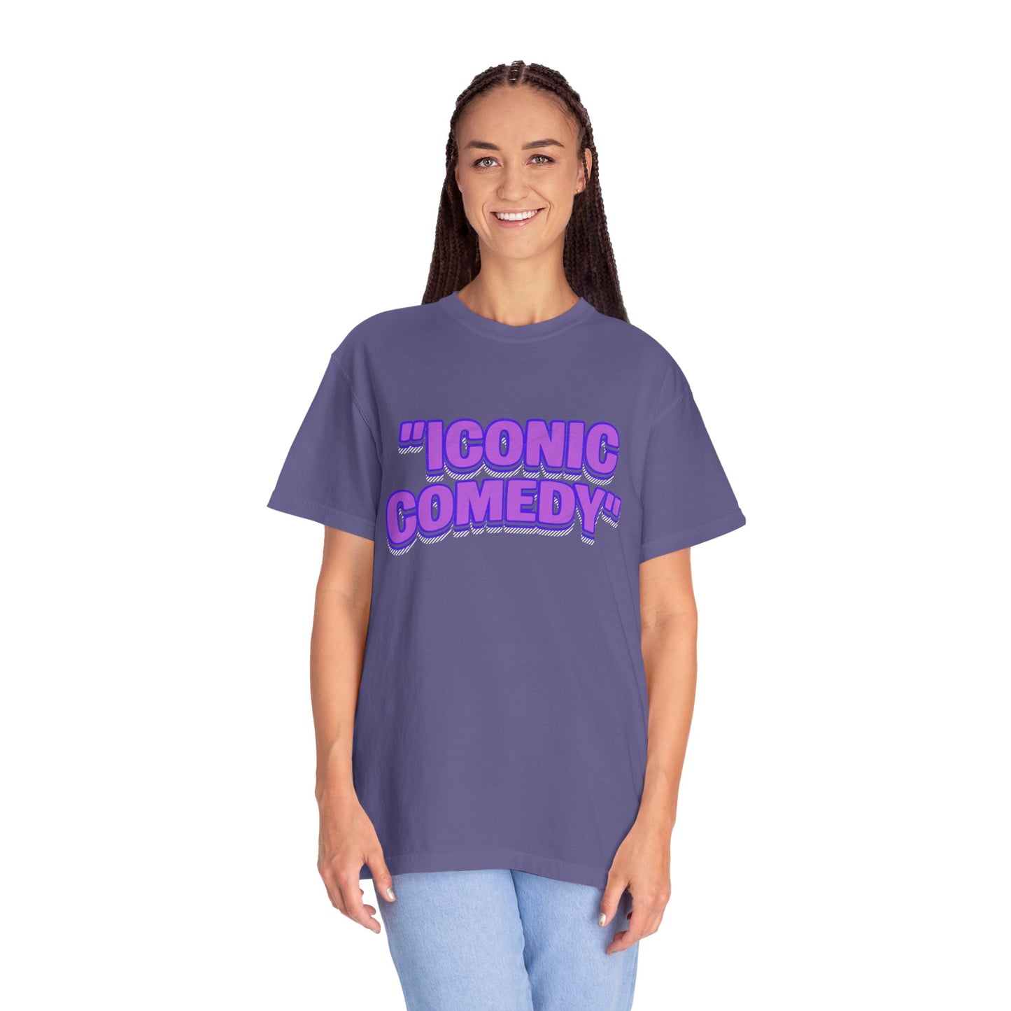 "Iconic Comedy" T-Shirt — Retro Bubble Text Tee with Galaxy 360 Back Logo