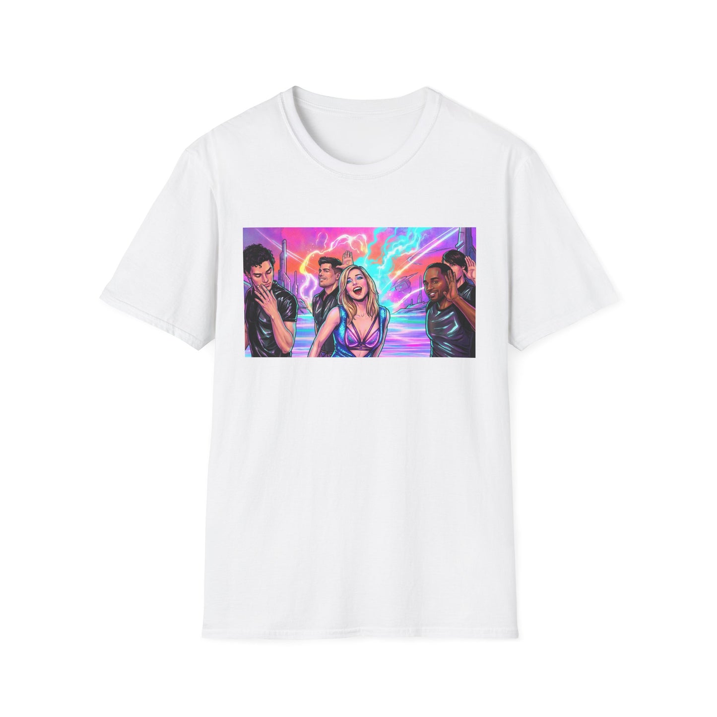 Galaxy 360 Pop Band Graphic T-Shirt — Retro Neon Concert Tee