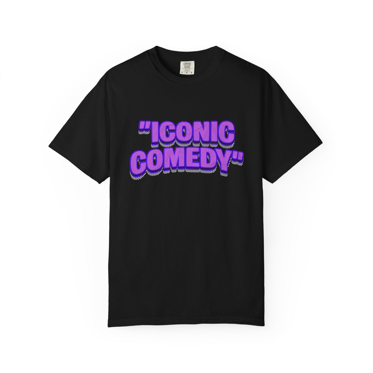 "Iconic Comedy" T-Shirt — Retro Bubble Text Tee with Galaxy 360 Back Logo