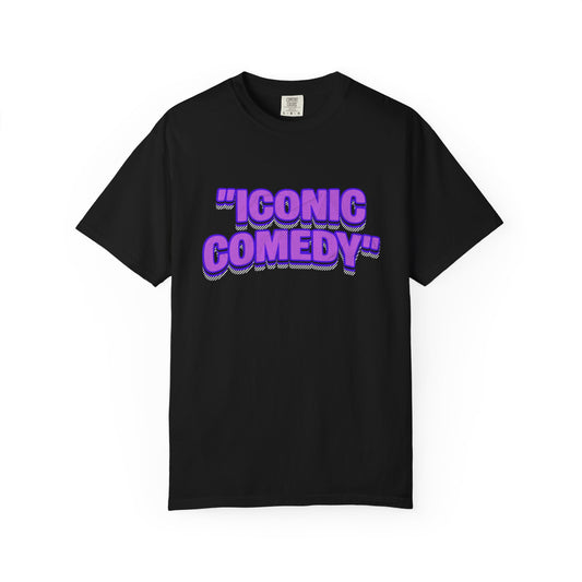 "Iconic Comedy" T-Shirt — Retro Bubble Text Tee with Galaxy 360 Back Logo