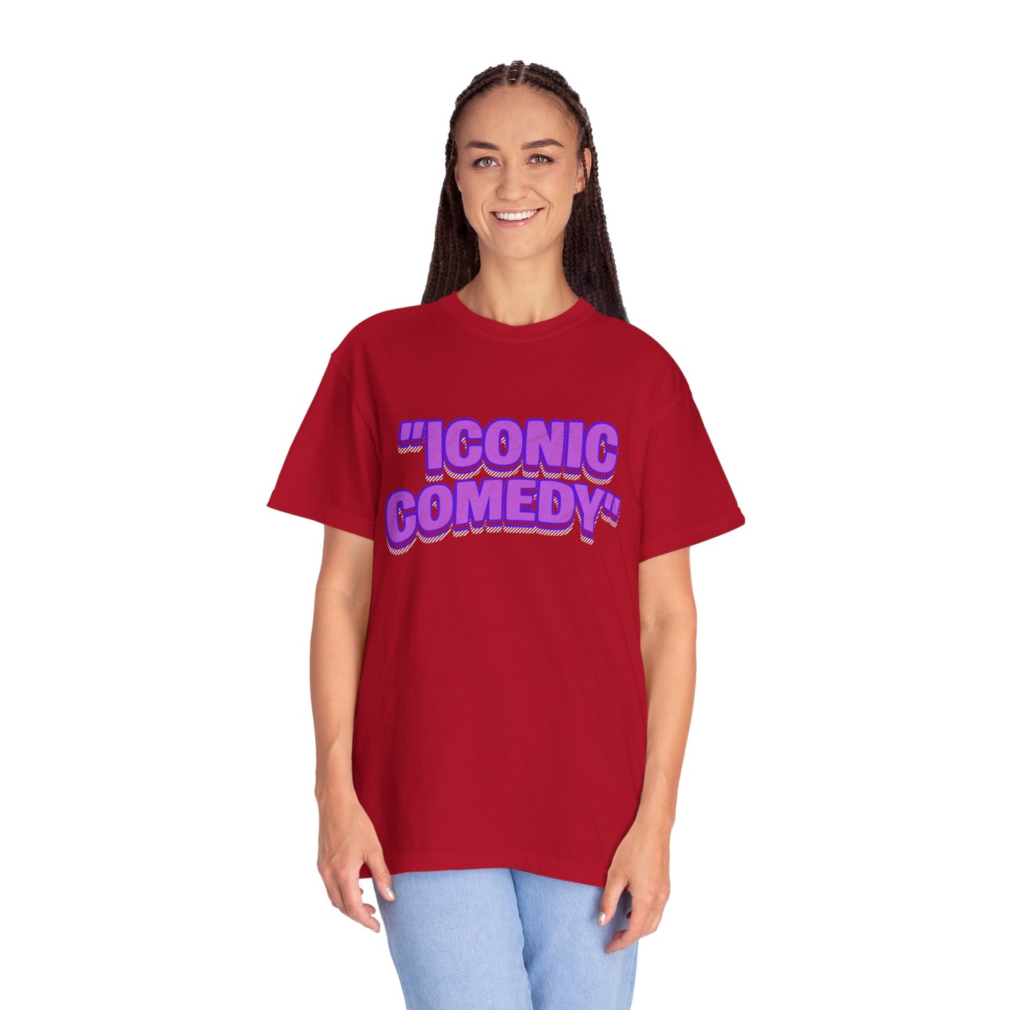 "Iconic Comedy" T-Shirt — Retro Bubble Text Tee with Galaxy 360 Back Logo